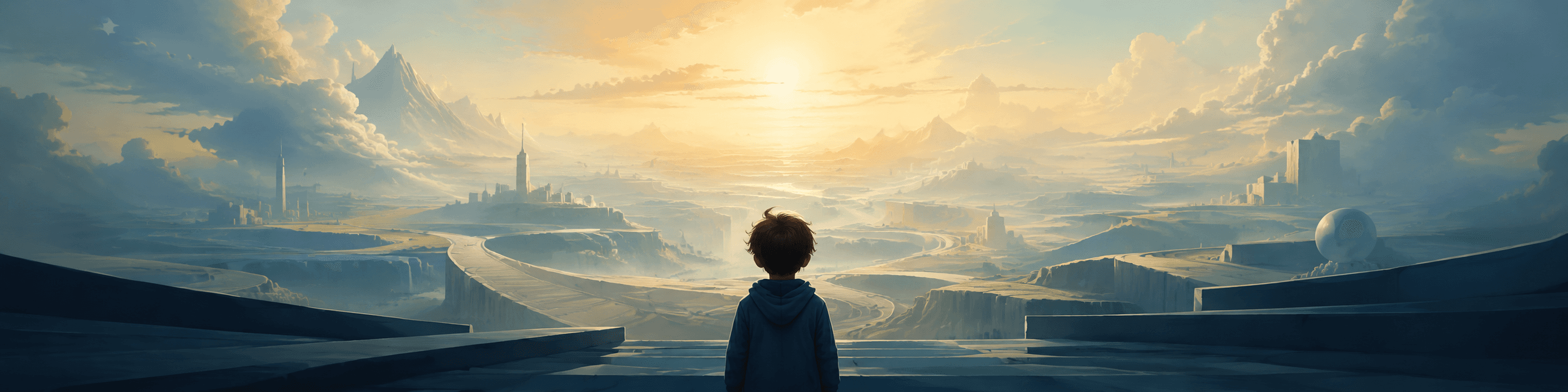 A person looking across an open world at sunrise